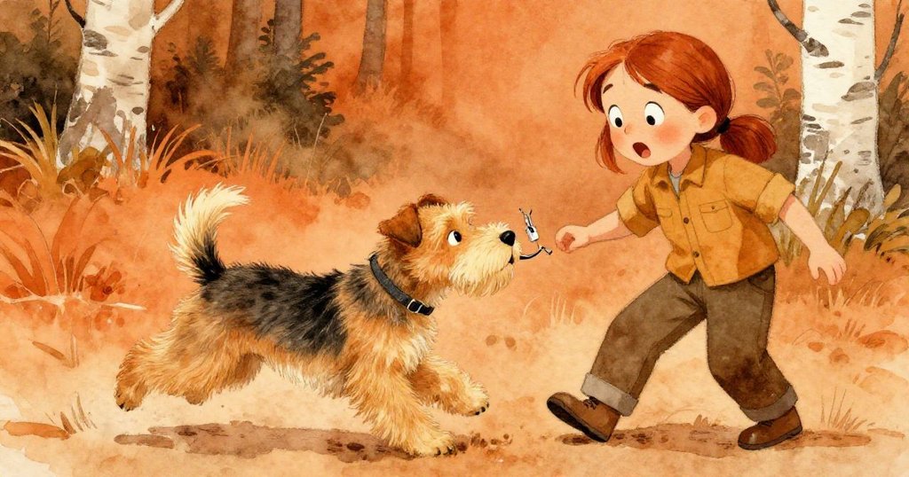 小犬樹枝從桌下躍起，甩動尾巴意外撞落夾子，烏薩驚訝表情瞬間定格在明亮室內。