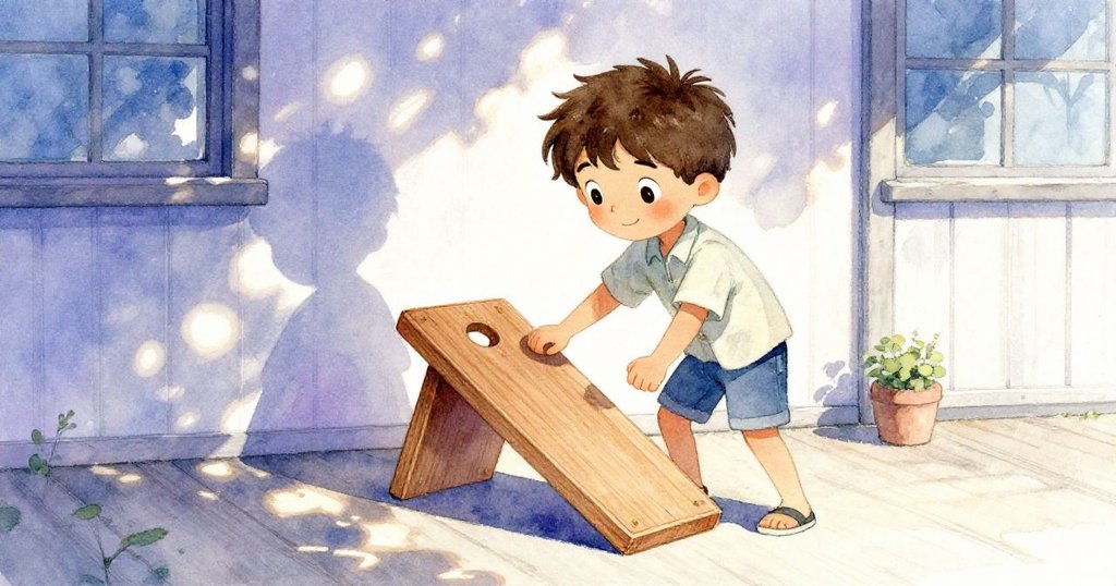 路克在明亮的門廊上準備傾斜工作板，剪影映照出希望的情感，充滿傳統與新開始的氛圍。