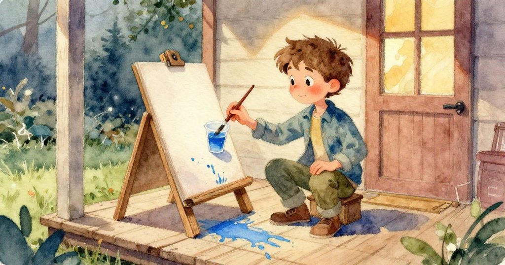 路克的手輕觸畫筆與塑膠杯，細節展現藍色顏料流光，專注動作中充滿細膩情感。