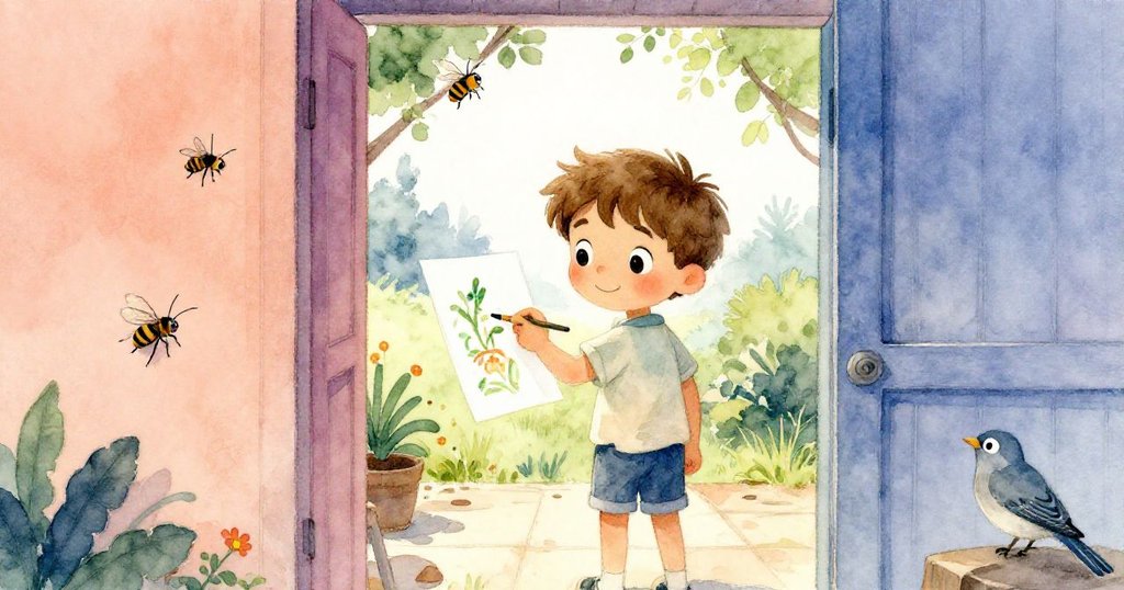 透過半敞門觀察，路克在門廊上認真作畫，蟋蟀、蜜蜂與麻雀飛舞，營造出自然活潑場景。