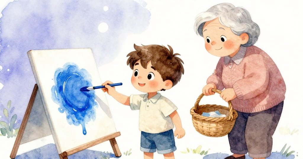 路克穩定目光下揮動畫筆，祖父/祖母持籃陪伴，溫柔色調連結過往與希望的當下。