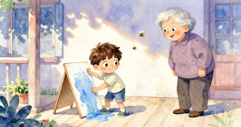 路克仔細傾斜板子，藍色均勻展開，祖父/祖母溫柔注視，蜜蜂輕嗡持續，寓意故事尚未結束。