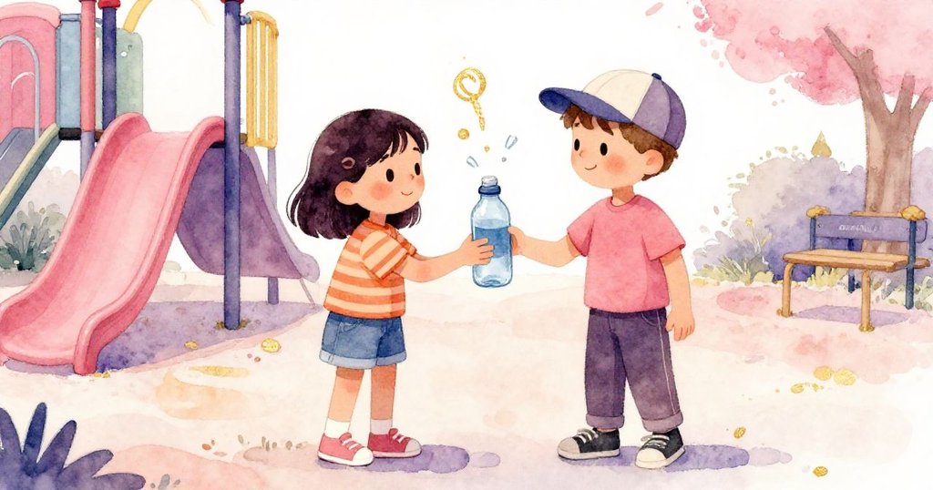 漢娜驚喜接過莫里茨遞來的水瓶，水蓋剛彈開，場景展現操場上活力與互動。