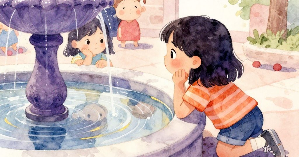 漢娜在水泉邊端詳自己的倒影，臉上展現思索與恬靜，背景隱約顯現操場細節。