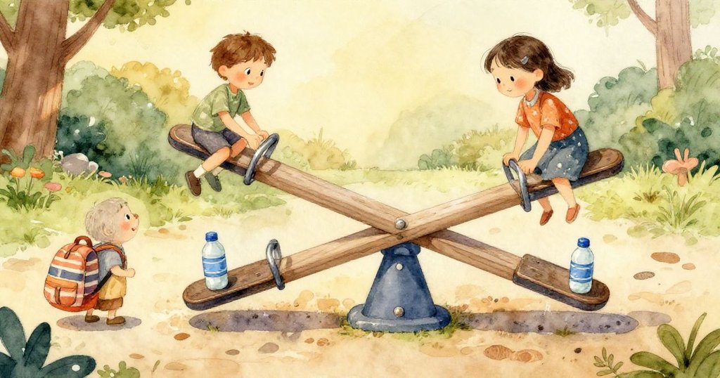 從長椅上俯視操場，遠處冰淇淋車鈴聲與風鈴靜掛，場景呈現童趣與環境細節連結。