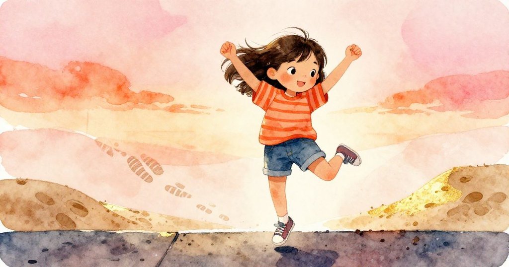 漢娜在搖搖板傾斜時活力跳躍至橡膠地面，臉上驚喜與興奮，底部留有鞋印與沙粒痕跡。