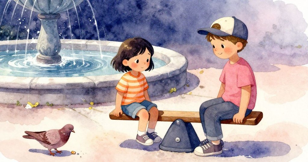 漢娜與莫里茨在搖搖板旁安心歇息，水泉邊棕色鴿子啄食麵包屑，場景呈現平靜結局與延續冒險。