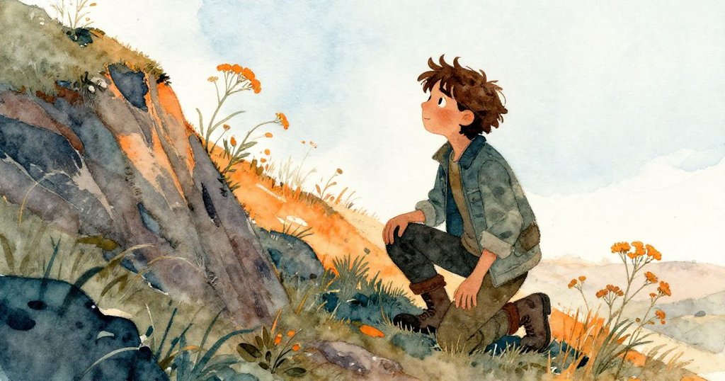 布萊爾蹲於溫暖日光下的山坡岩石旁，低矮鼠尾草隨風擺動，展現專注而寧靜的氛圍。