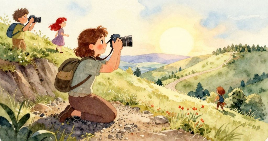 布萊爾的手慎重挑選一塊飾有銹紅紋理的平坦石頭，局部特寫突顯質感和溫暖光影。