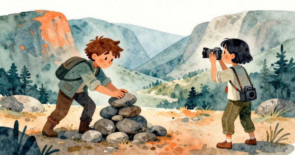 布萊爾專注地將石頭壓入石堆，露比舉起相機取景，石頭堆與遠山層次分明展現合作情景。