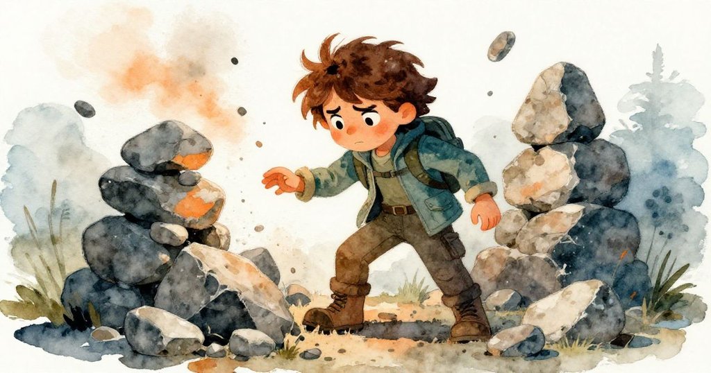 布萊爾神情堅定又流露沮喪，石堆崩落石子飛散，動作激烈表達內心掙扎與重整之情。