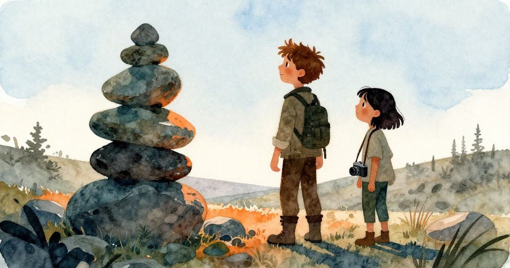 最終石頭穩妥堆放完畢，布萊爾與露比共享寧靜喜悅，石堆與晴空交相輝映展現成功與平和。