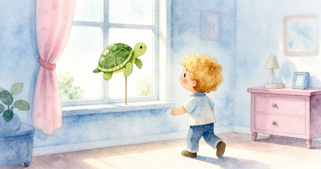 Zander向窗戶走去,持著紙烏龜,興奮期待在明亮房間中踏出冒險步伐。