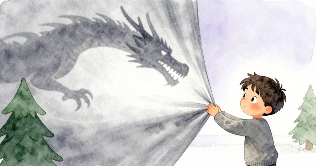 Ivan在室內利用輕薄布簾造出寬闊龍影,其手腕動作活躍,背景留白突顯光與影的互動。