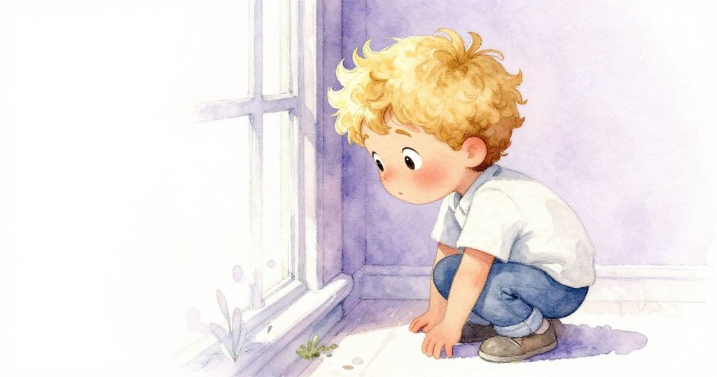 Zander蹲於窗邊,靜靜注視布簾邊緣細微光影變化,臉上流露認真與好奇情緒。