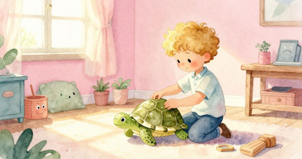 午後陽光柔和灑入房間,Zander與手中烏龜剪影在溫暖光線中互動,木窗台顯現季節柔美色調。