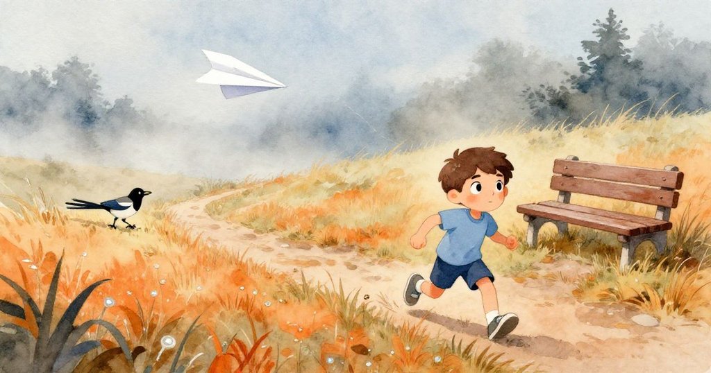 Kay在薄霧中追逐飄動的白紙飛機，草地上露珠閃耀，小喜鵲跳躍，遠處見老舊凳子和交叉小徑，充滿希望。