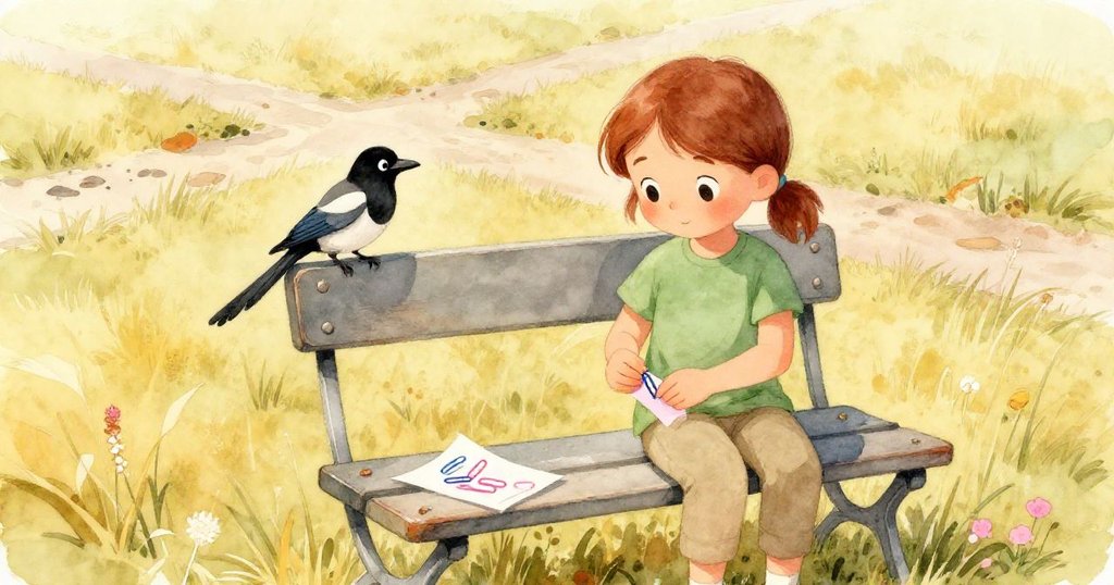 Yara在老舊折疊凳旁整理用品，旁邊喜鵲好奇凝視，兩條塵土小徑交錯，神情專注且靜謐。