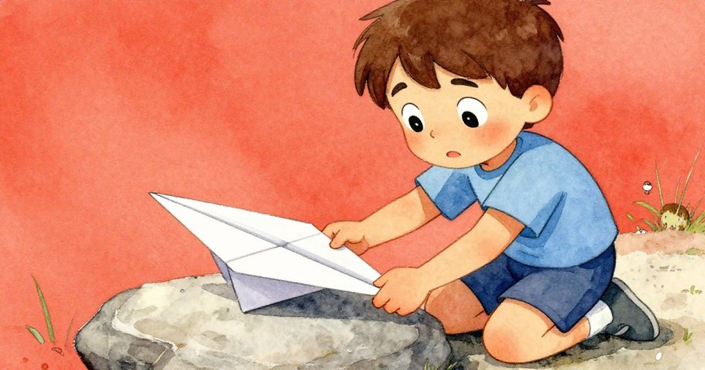 Kay跪在石上認真調整濕透紙飛機，手法細膩、臉上充滿堅定神情，挑戰困難，場景充滿勁道。