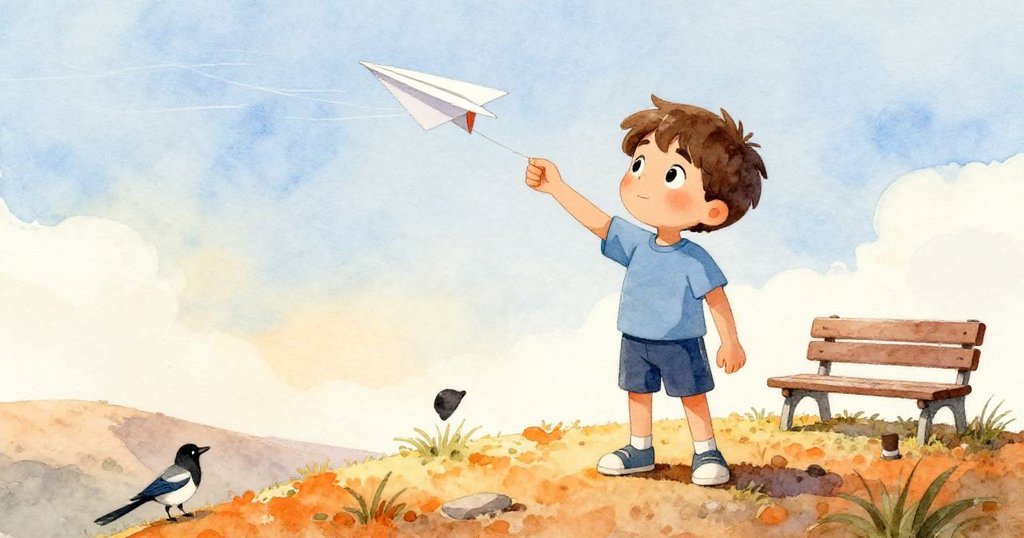 Kay站在山頂上準備發射調整完的紙飛機，背景中喜鵲和舊凳相伴，風中彌漫著新希望與滿滿勇氣。