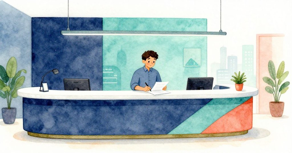 多利安站在現代接待處檢查簽到表，背景有其他訪客和懸垂鏈條，表情專注，展現故事開始。