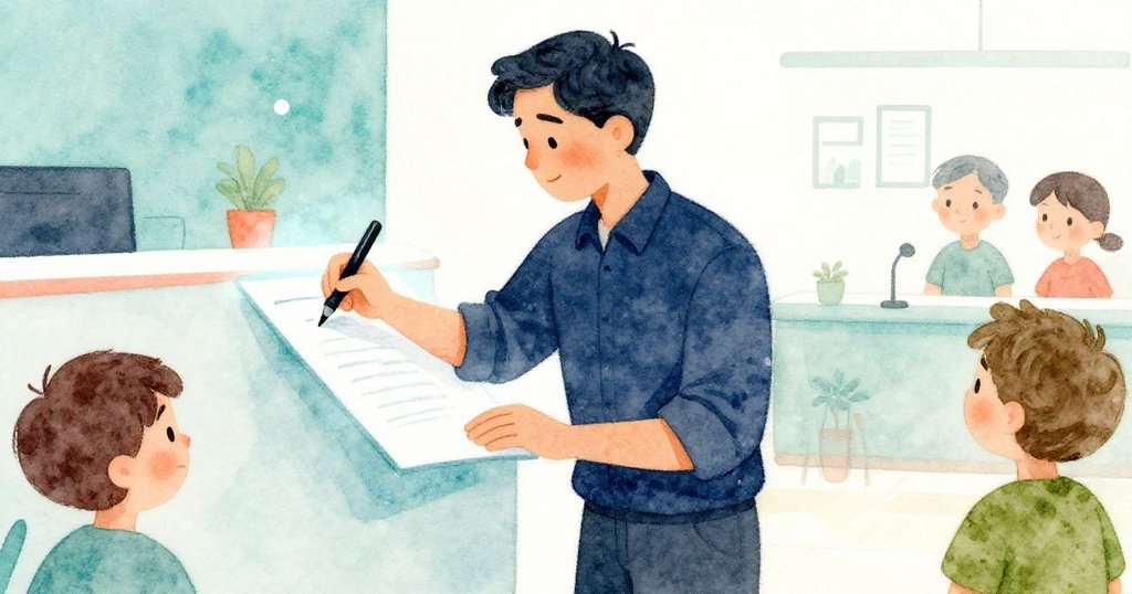 多利安聚精會神地用筆在簽到表上修改日期，手握筆具動作細緻，展現情節轉折。