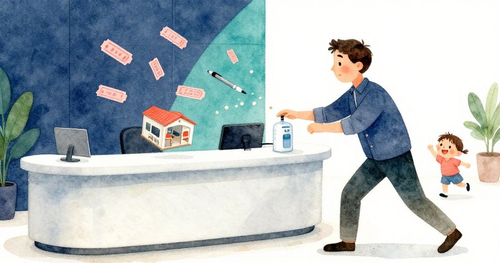 多利安急忙伸手制止混亂，精緻模型顯現傾倒，粉紅票券散落地板上，背景幼童歡喜尖叫。