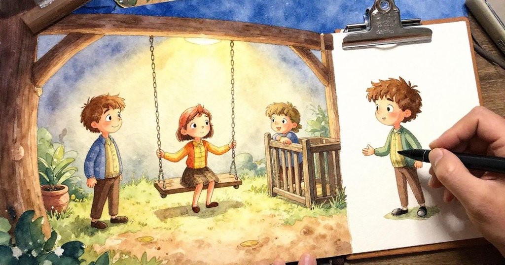 幼童在現代瓷磚地板上追逐捲曲的粉紅票條，動態光影呈現追求快樂，故事情節高潮顯現。