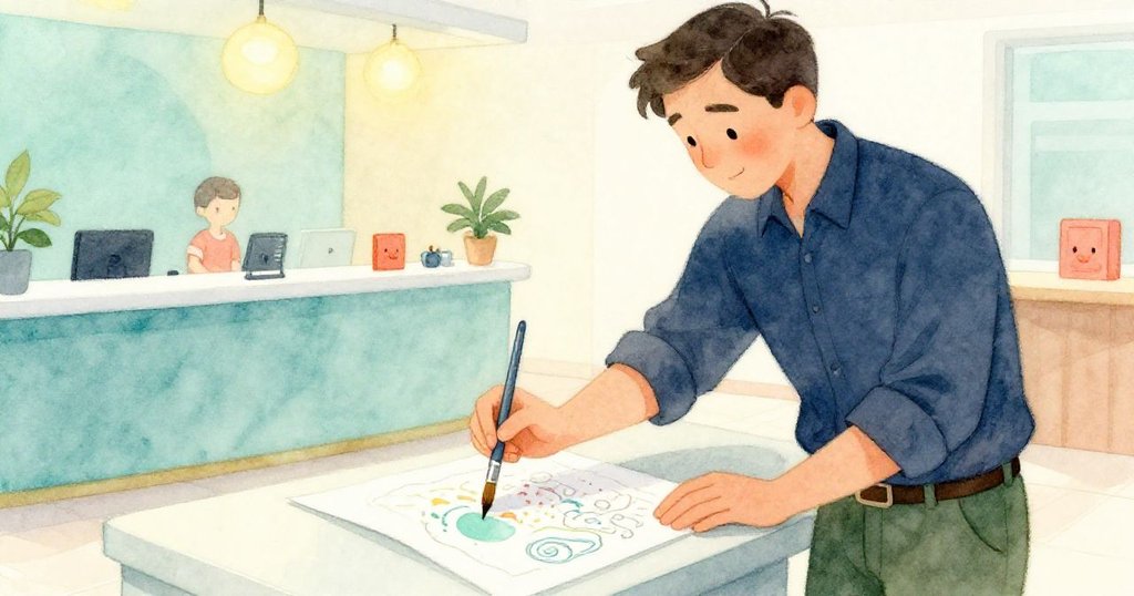 多利安平靜地將藍灰色畫筆放在完成的簽到表旁，臉上掛著柔和微笑，展現故事落幕與寧靜。