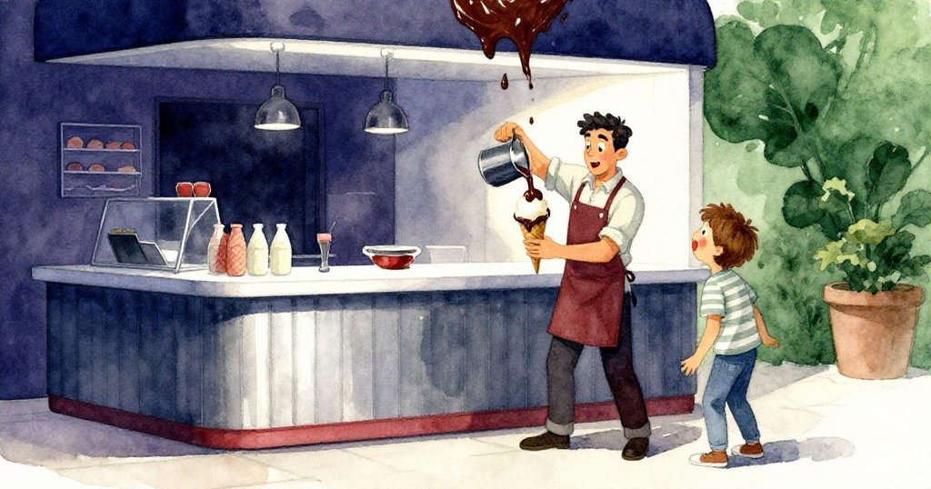 沃倫在溫暖店內調整醬瓶倒醬，福雷斯特興奮注視高聳冰淇淋，燈光明暗對比烘托開始情節。