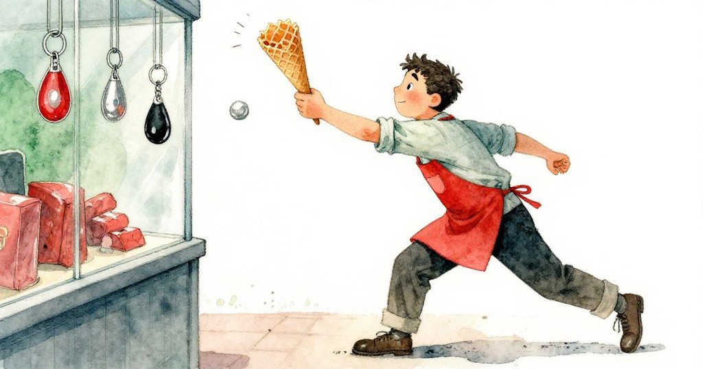 沃倫以傾斜角度猛撲捉住滾動華夫筒，橡膠海牛吊飾輕擊展示玻璃，動感十足情節轉折。