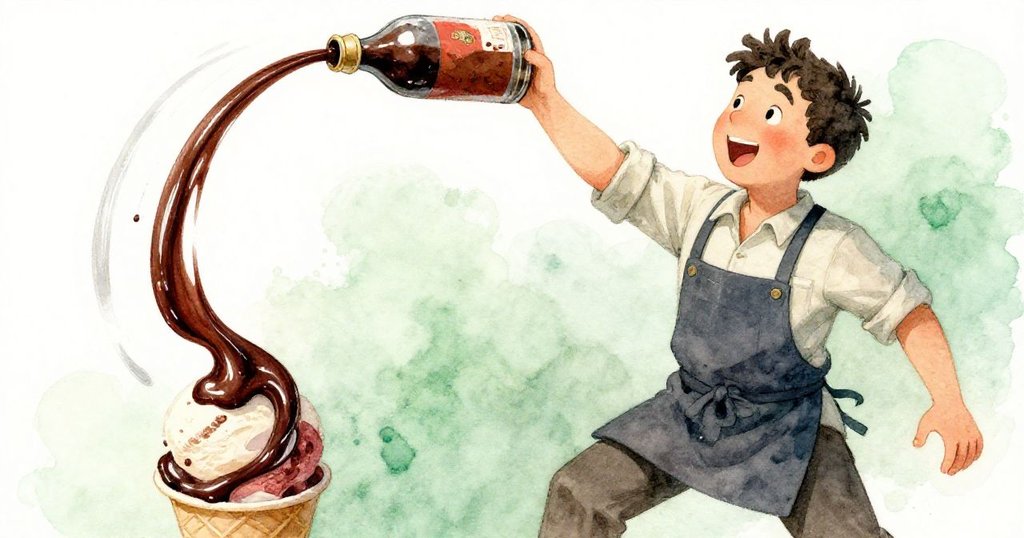 沃倫在動感近拍中接住旋轉醬瓶，精準操作濃稠醬帶流動於冰淇淋上，專注神情迸發瞬間動勢。