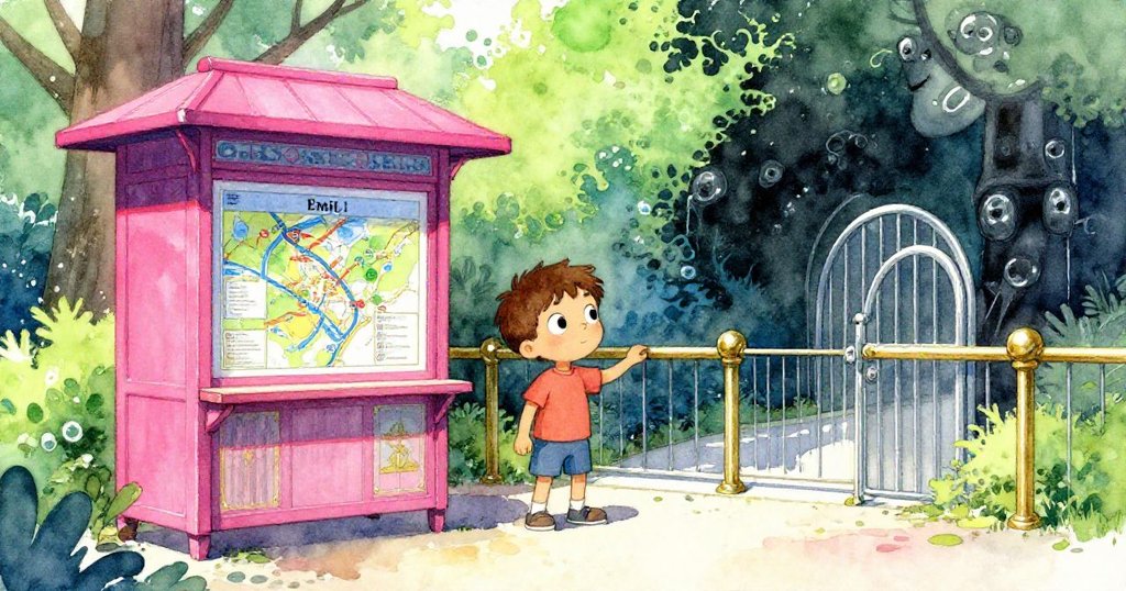 Emil在動物園入口處輕觸銅軌，觀察映像，表情充滿好奇與期待，展現冒險故事開端。