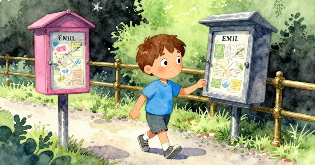 Emil沿著碎石步道前行，凝視帶著歷史痕跡的地圖亭與銅軌，心中充滿探索與懷舊情懷。