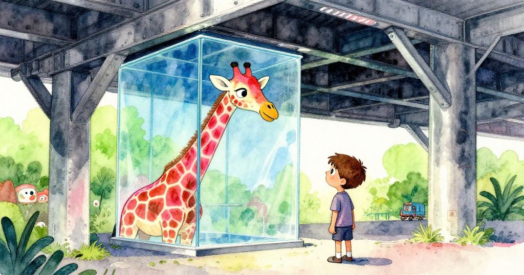 Emil在鋼製天橋下注視透明玻璃中的夢幻長頸鹿，場景呈現超現實感，情緒平靜而充滿驚奇。