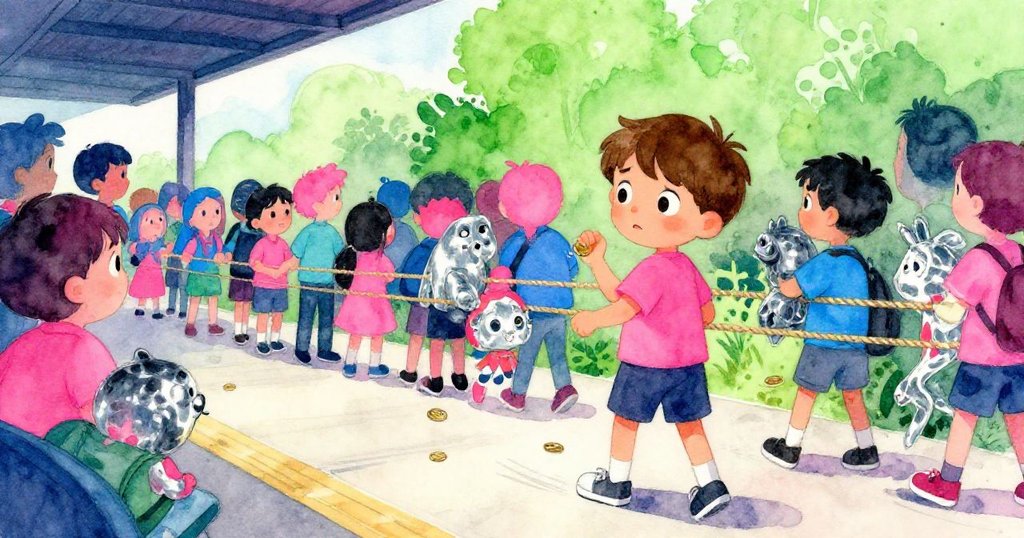 Emil手中鈴聲響起銅幣響動時，排隊繩緊縮、校園團體湧入，場面緊張而充滿驚喜。