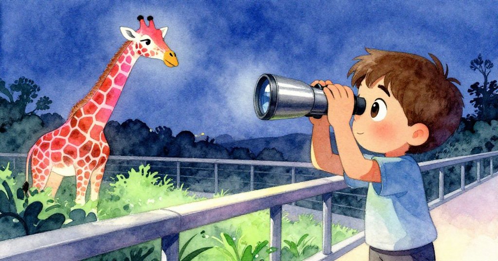 Emil在觀察平台上安然休憩，透過望遠鏡凝視孤獨長頸鹿，神情溫和內斂，象徵冒險結束後的平靜。