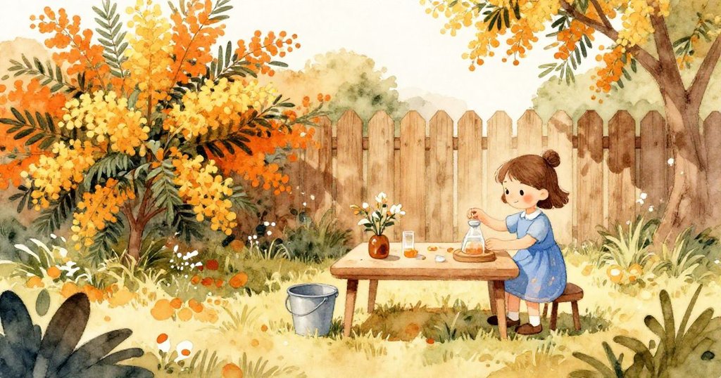 在陽光燦爛的戶外花園中，Gwen忙碌準備實驗台，桶旁含笑樹葉隨風搖曳，充滿好奇與期待，展開了她的泡泡創作之旅。