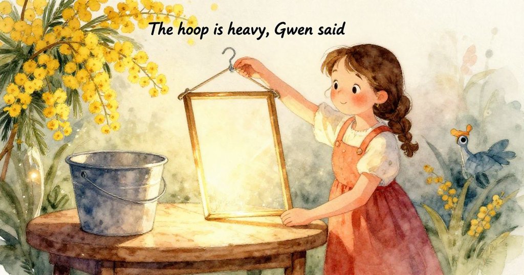 Gwen的雙手小心翼翼地將鐵絲圈浸入滿是泡沫的溶液中，金色光線閃耀在金屬邊緣，透露著認真與堅定。