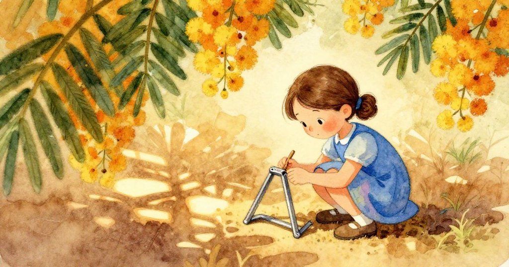 透過搖曳的含笑樹葉縫隙，看到Gwen蹲下仔細檢查鐵絲圈上微小不均的焊接接合處，神情充滿專注與探索。