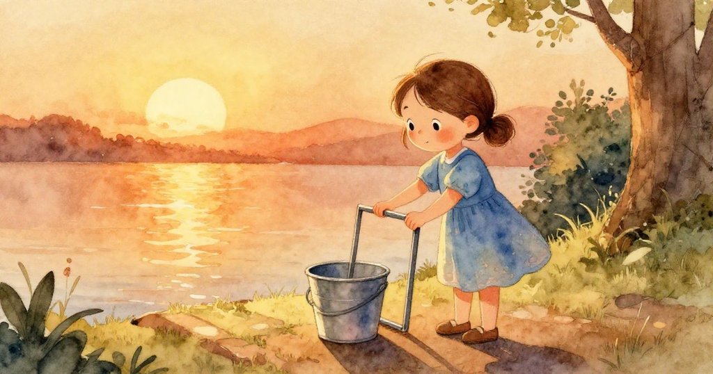 在夕陽餘暉中，Gwen將鐵絲圈輕放於桌邊桶旁，溫暖光線滲透每處細節，帶來平和與滿足的結局。