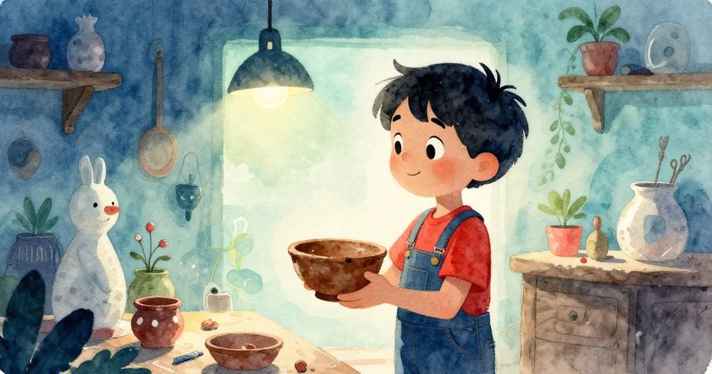 裘德站在溫暖燈光映照的工作室中,舉起沾滿陶土塵的碗,輪廓清晰展現探索與好奇心