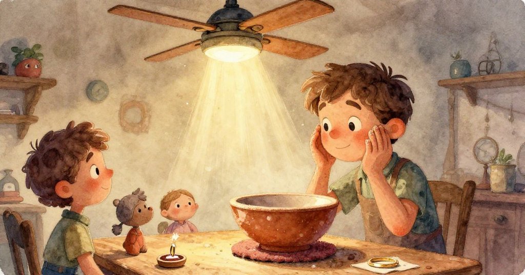 裘德的手沾著溫暖陶土塵,特寫中他將碗口貼近耳邊細細檢視,展現探索精神與細膩觸感