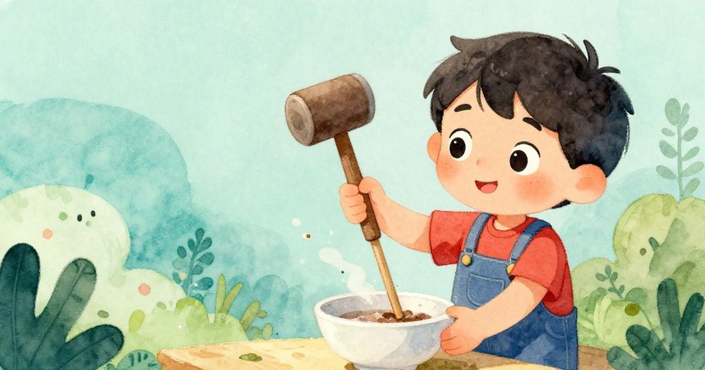 裘德低角度專注聆聽用橡膠錘與木棒敲擊碗時發出的音調,漂浮釉粉增添神秘溫暖氛圍