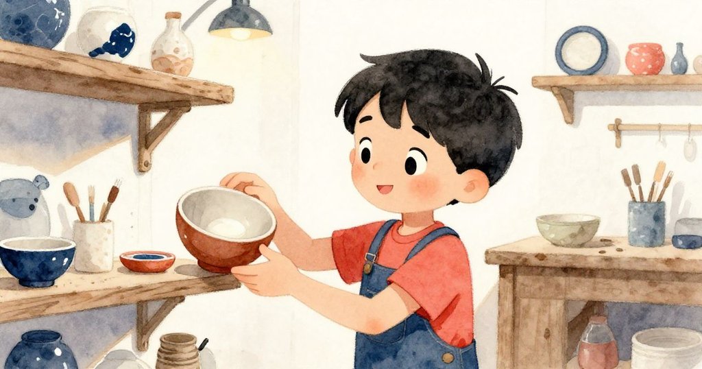 裘德在新空間中將疑似作品與完美釉面樣本比對,神情專注,室內光影溫暖,架子上整齊擺放工具