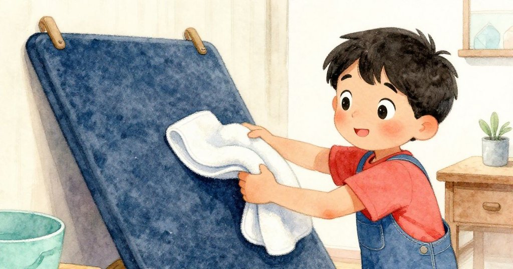 裘德果斷摺好棉巾擋住緩移毛氈,動作靈巧且神情堅定,工作室內景物細膩呈現