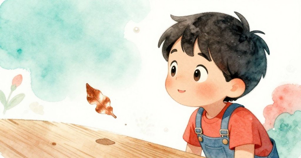 裘德凝視著緩飄於木面之銅金絢麗飾片,臉上寫滿驚喜與滿足,象徵創作探索圓滿落幕