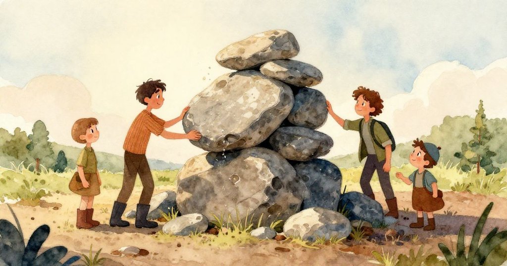 Wade專注地用小鏟輕掃岩石上的沙塵,細心地將一顆生銹紅的石頭擺向積石堆,他的手部動作充滿決心。