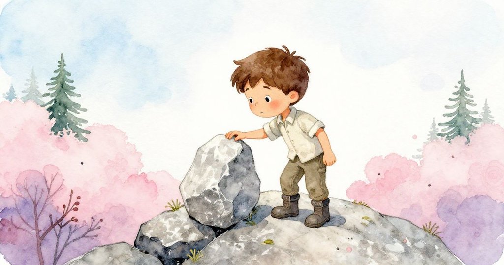 Wade從高處俯視,用手指輕觸粗糙花崗岩,專注計數等待微風,周圍灌木輕輕搖曳,氣氛寧靜。