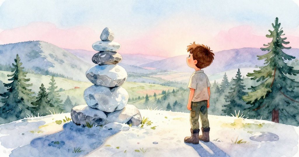 Wade站在山坡高處,遠望已完成的積石堆及遼闊山谷,夕陽映照下,他神情平靜且充滿期待。